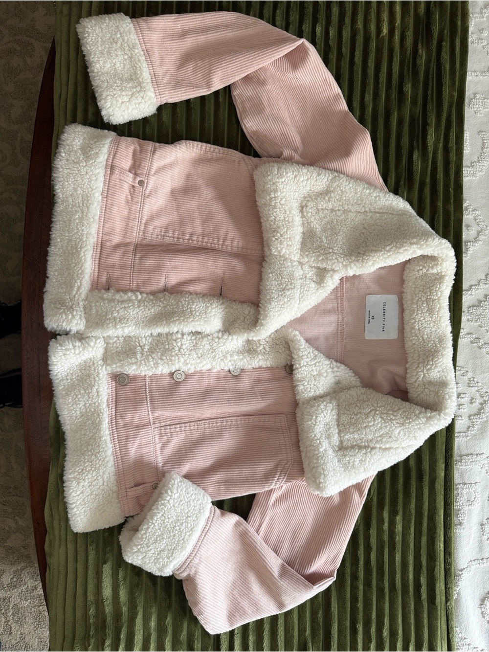 Celebrity Pink Blush Corduroy Jacket with White Sherpa Trim